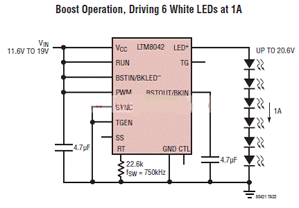 LTM8042驱动6个白光LED升压电路