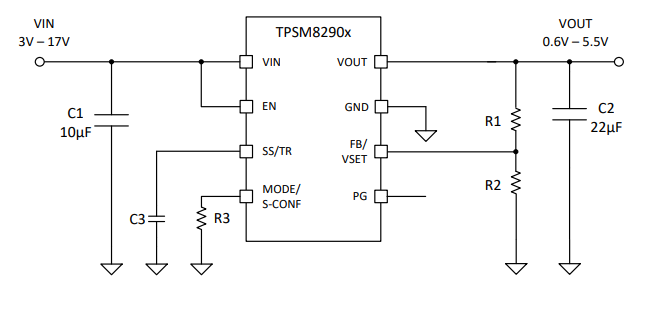 TPSM82903是具有集成电感器的 3V 至 17V、3A 高效、低 IQ 同步降压转换器模块
