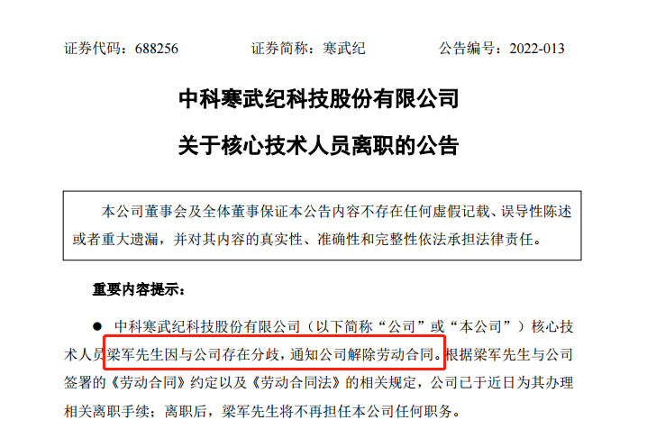 高层动荡!寒武纪CTO因分歧离职 高层动荡!寒武纪CTO因分歧离职
