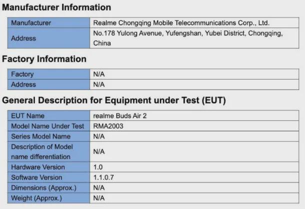 realme Buds Air 2通过FCC认证 配制400mAh充电盒