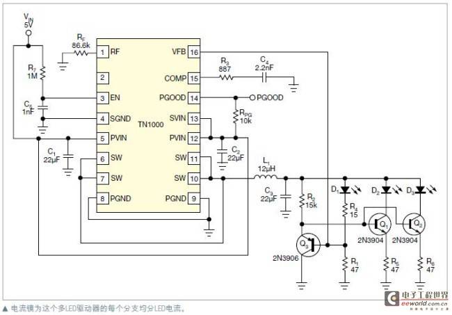 使用简单步进降压dc/dc转换器的三通道白光LED驱动器