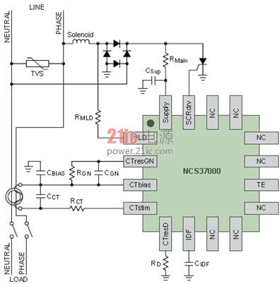 图8. 安森美半导体NCS37000 GFCI信号处理器应用示图
