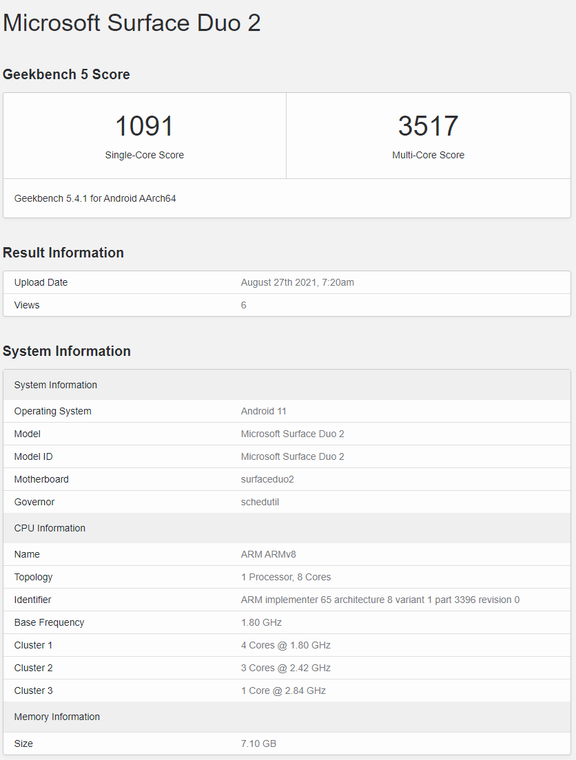 微软Surface Duo 2现身于Geekbench：骁龙888+Android 11系统