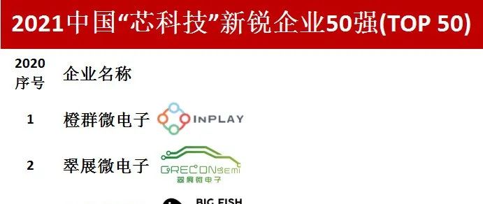 2021中国芯片“芯科技”新锐企业50强(TOP 50)