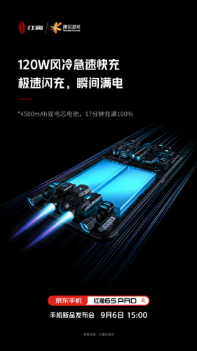 红魔游戏手机6S Pro将支持120W风冷急速快充：17分钟充满100%