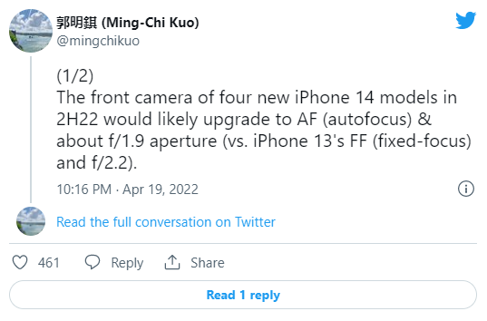 iPhone 14或将升级前置摄像头 优化自拍和视频通话