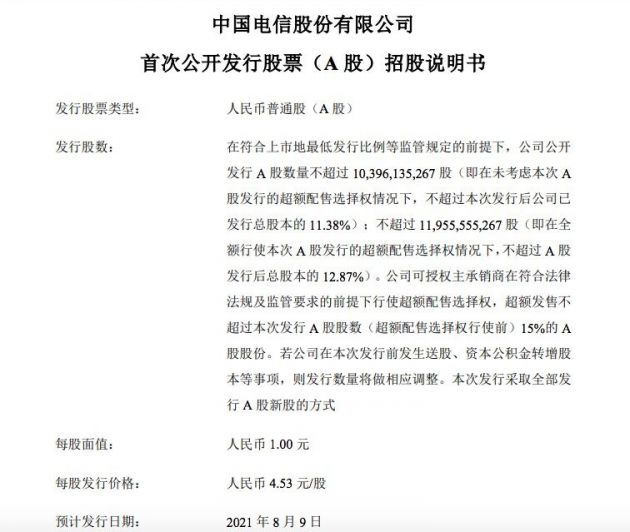 中国电信：A股发行价格为4.53元/股