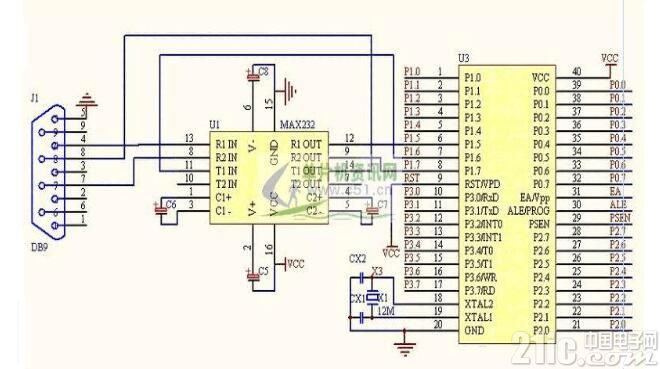 单片机与电脑接口(TTL与RS232电平模拟转换)电路及工作原理分析