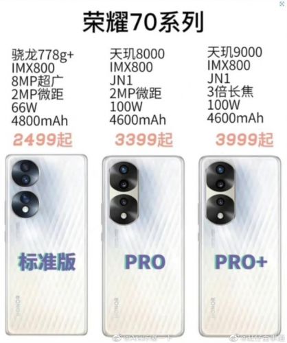 2499元起？疑似荣耀70全系售价曝光：搭载5400万IMX800主摄