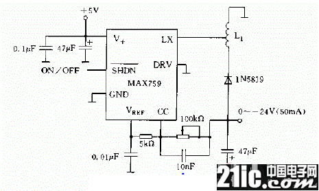 MAX759构成LCD的-24V供电电源电路图