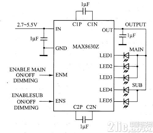 MAX8630Y／ MAX8630Z驱动白光LED电路图