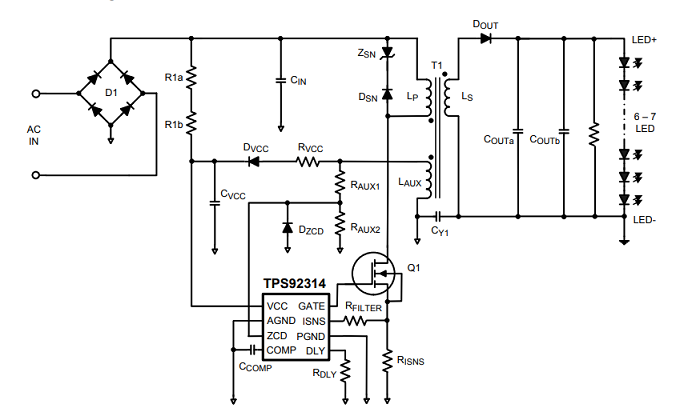 TPS92314A是8-SOIC 中具有 PFC 的大电流离线初级侧感应控制器
