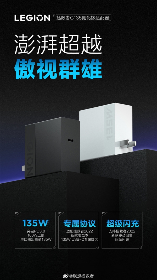 联想公布135W氮化镓Type-C充电器：适配新一代游戏本