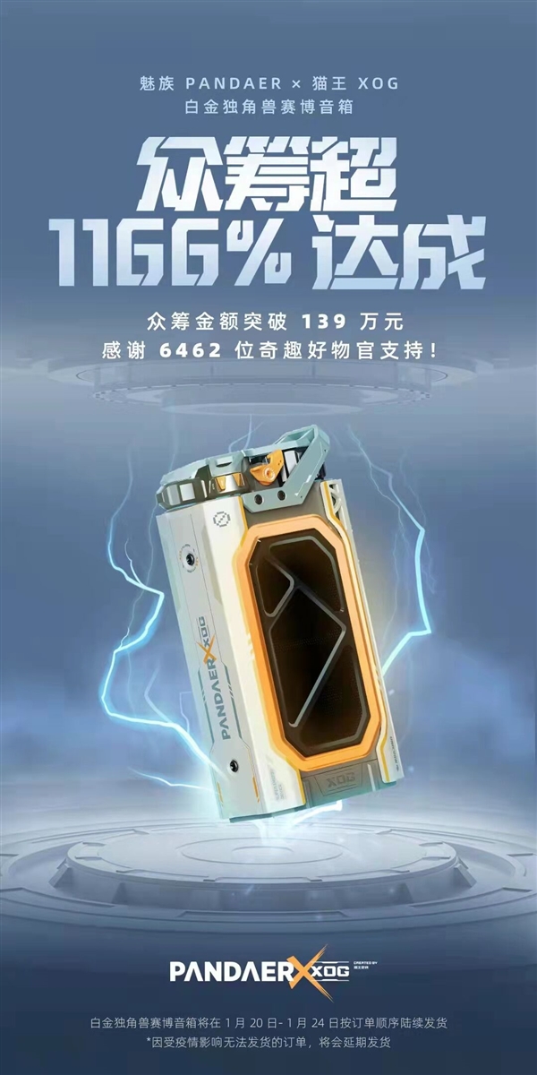 1199元！魅族白金独角兽赛博音箱众筹火爆：支付金额破139万元