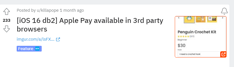 苹果 iOS 16 放开限制,允许在 Chrome、Edge 和 Firefox 浏览器中使用 Apple Pay 支付 Reddit 上的一些用户也测试了 Firefox 浏览器,同样支持 Apple Pay