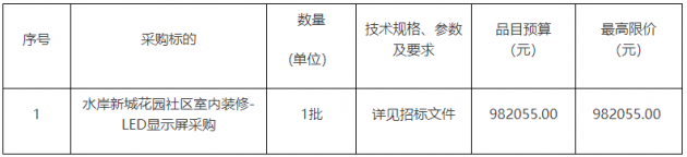 水岸新城花园社区室内装修-LED显示屏采购公开招标公告