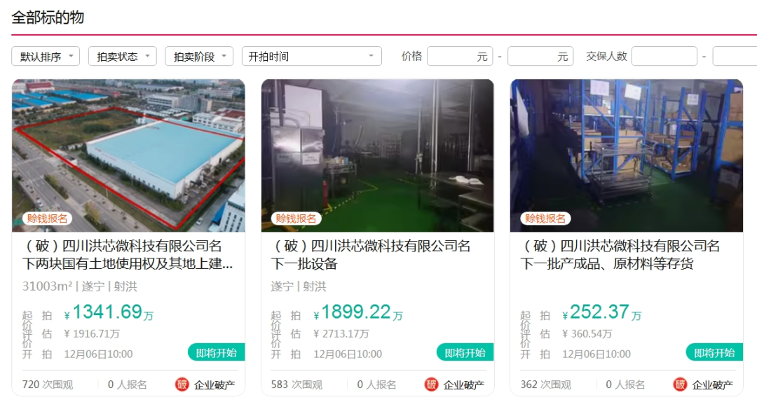 洪芯微破产清算：工厂及设备等资产7折拍卖！