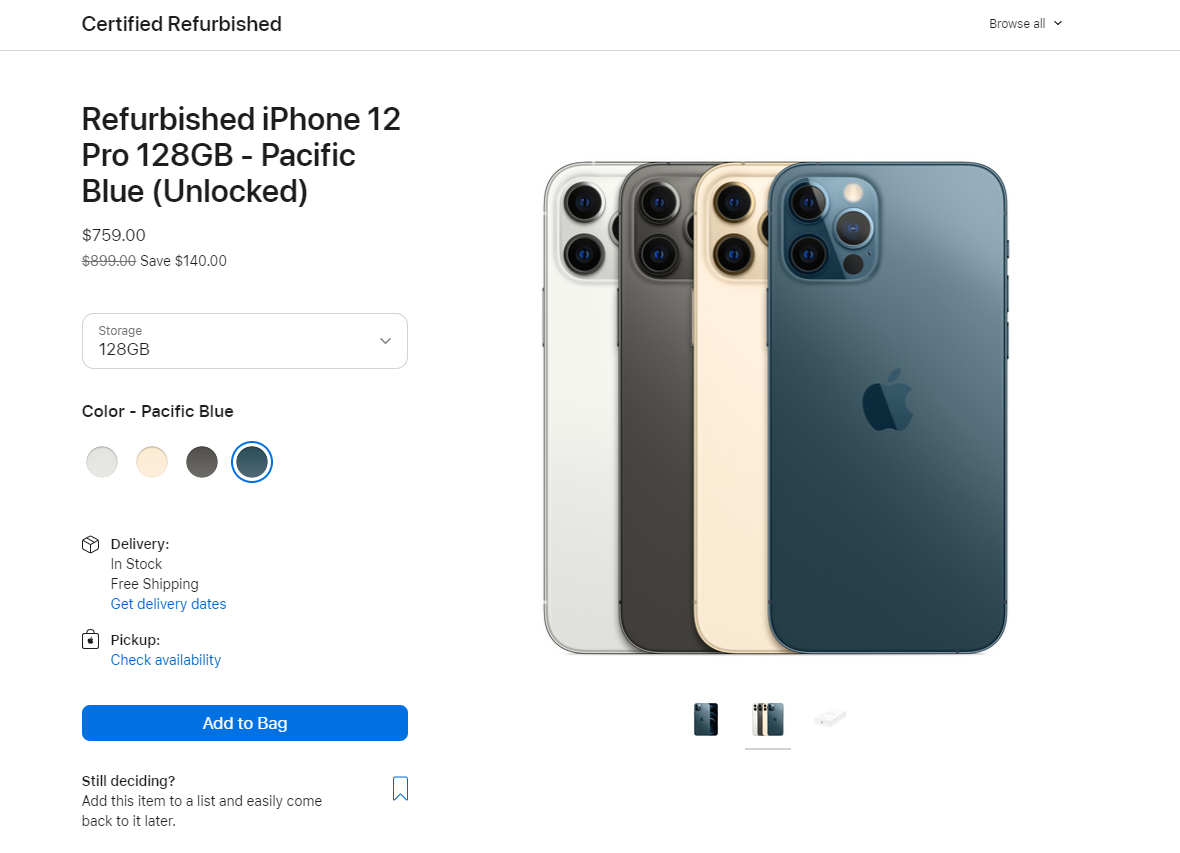 苹果美国商店补货 iphone 12 pro 翻新手机:约 5131 元起,采用白色