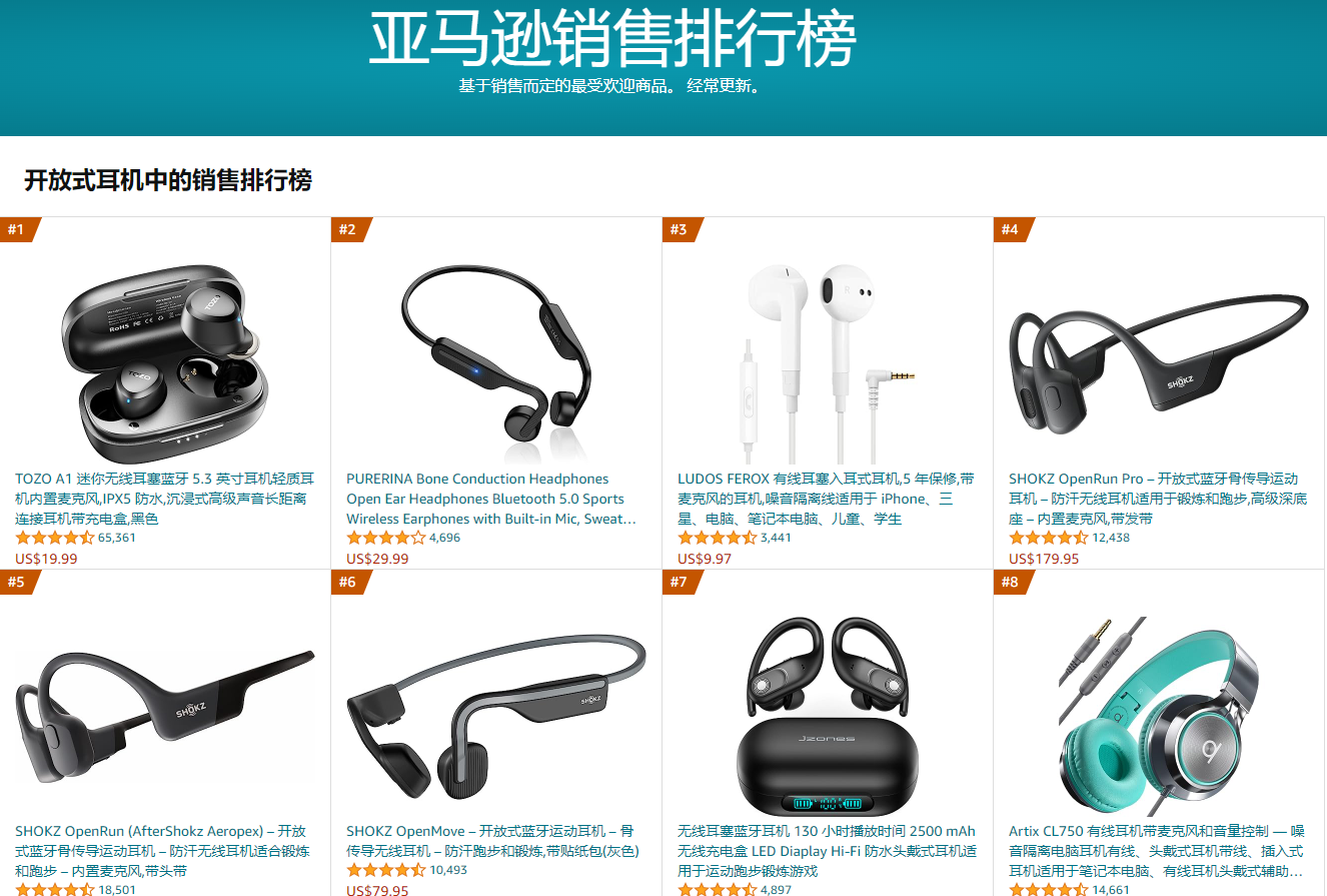 韶音稳占高端,塞那、TOZO异军突起,亚马逊8月销量TOP10开放式不入耳耳机汇总-我爱音频网