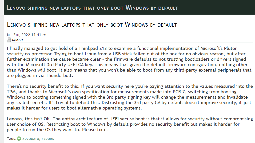 联想 ThinkPad Z13 默认无法安装 Linux：搭载微软 Pluton 安全协处理器，只能运行 Windows