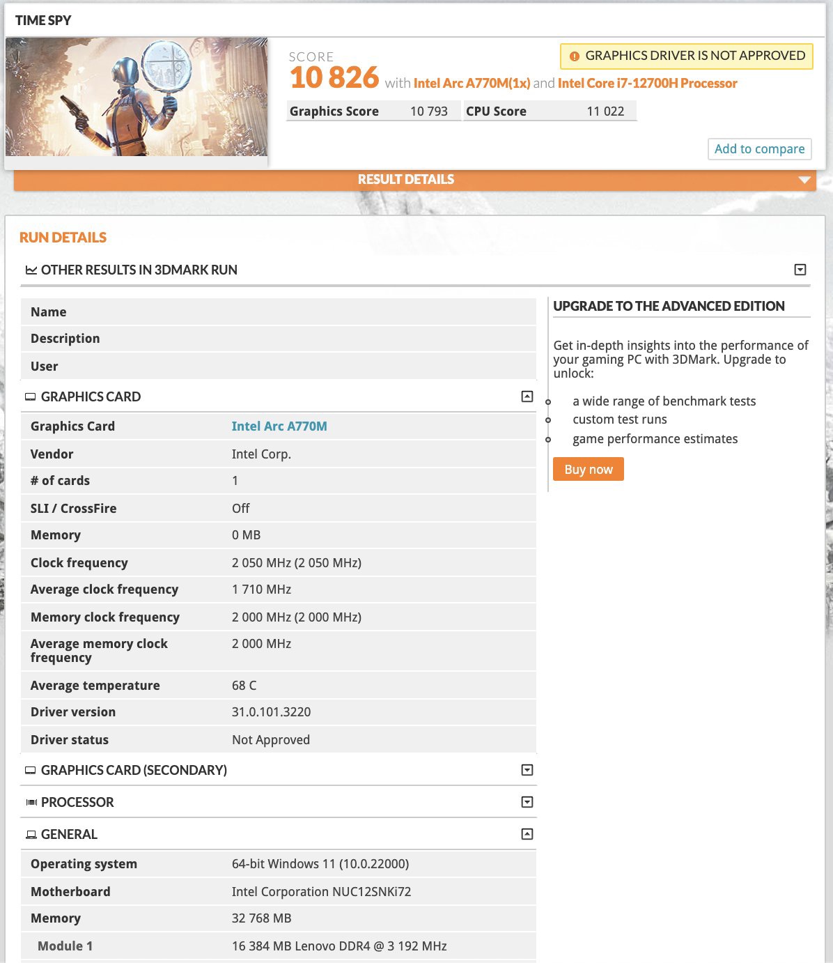 英特尔锐炫 A770M 笔记本独显 3DMark TimeSpy 跑分曝光，强于 RTX 3060 移动版
