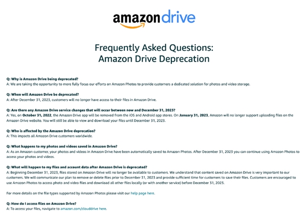 又一网盘要关闭了:Amazon Drive将于2023年底关闭 所有文件删掉