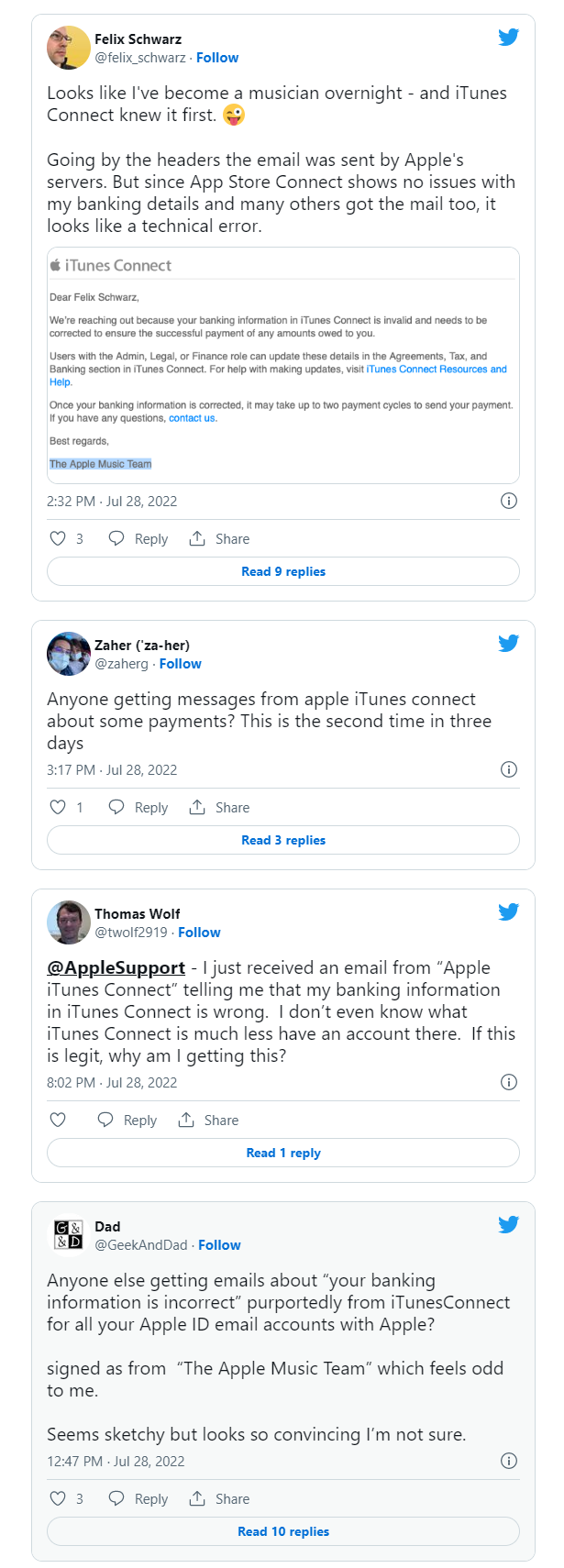 苹果 Apple Music 团队错误地向大量用户发送 iTunes Connect 电子邮件，要求更新银行信息