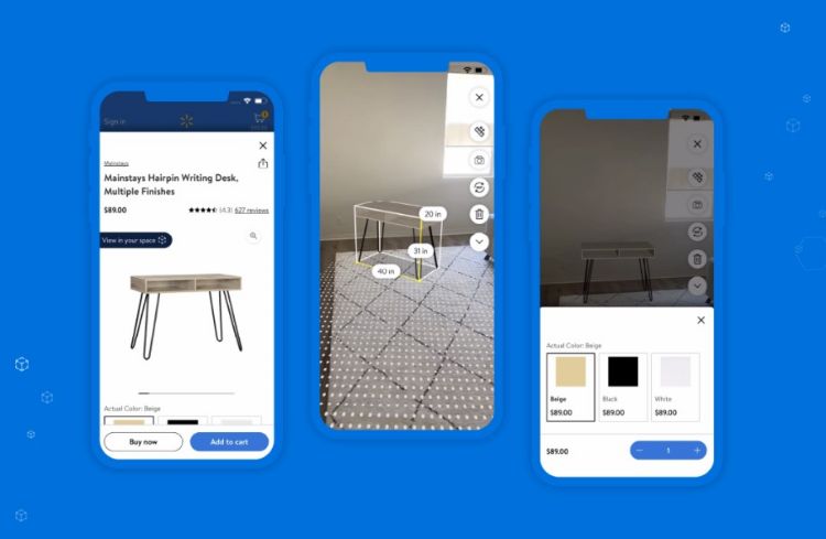 Walmart提供的「在你的空间检视」AR App，让购物者可在自己的空间试摆选定的家具与家饰。Walmart
