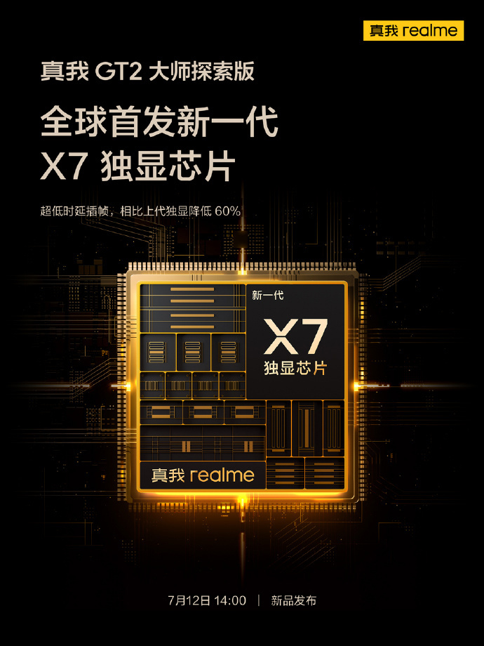 realme 真我 GT2 大师探索版官宣全球首发新一代 X7 独显芯片：超低时延插帧，相比上代独显降低 60%