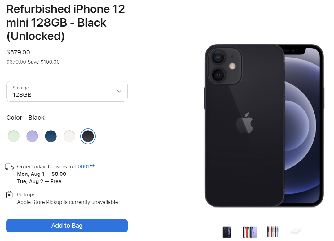 苹果开始首次在美国销售翻新的 iPhone 12 mini，128GB 版本约 3908 元