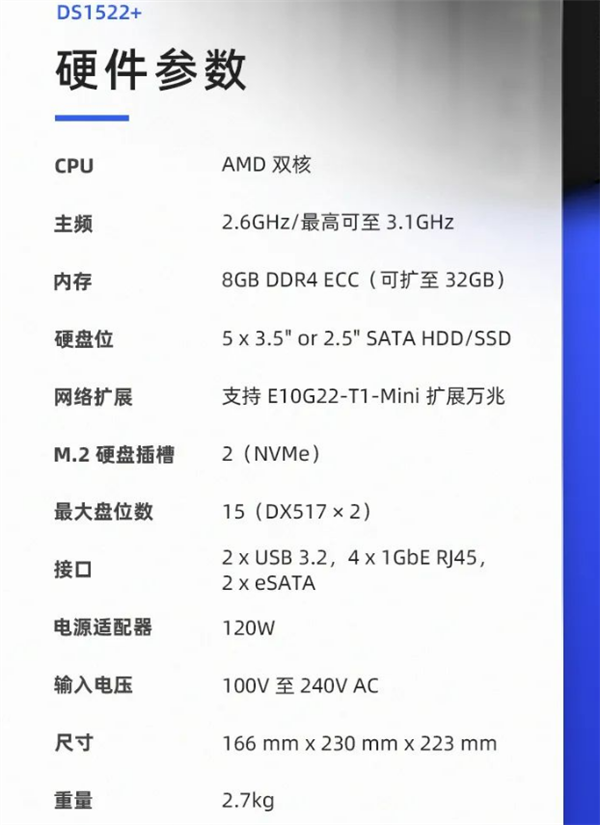 群晖五盘位NAS DS1522+发布:搭载锐龙CPU 支持拓展万兆