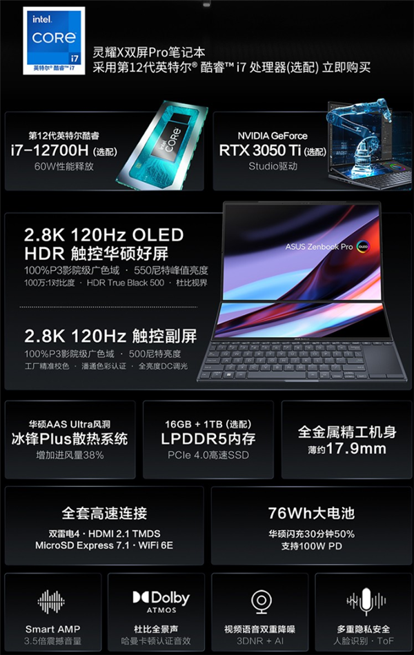 华硕灵耀X双屏Pro 2022笔记本上市:完美副屏、14.5寸硬塞独立显卡