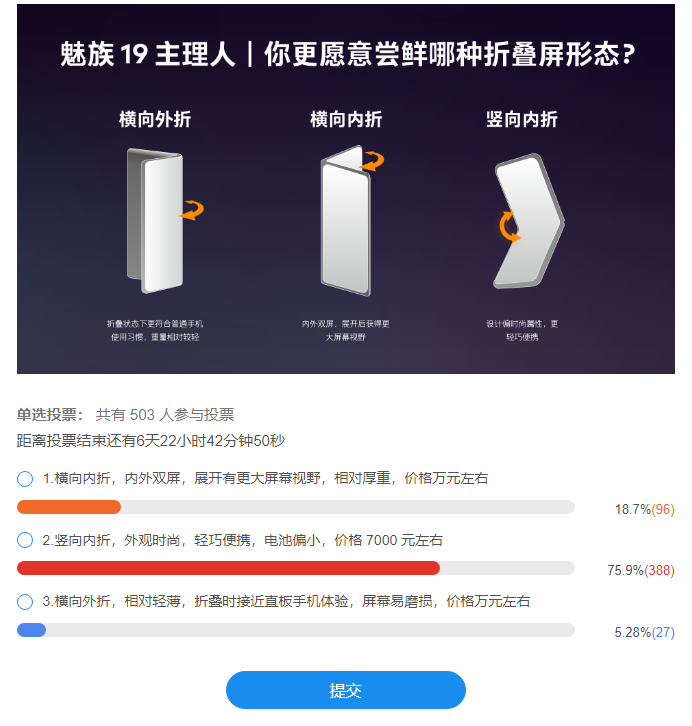 魅族 19 主理人最新调研“折叠屏手机”：横向内折、横向外折、竖向内折三选一