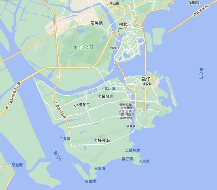 横琴与澳门仅有一线之隔，被国内官方视为「一国两制」的新示范。撷取自Google Map