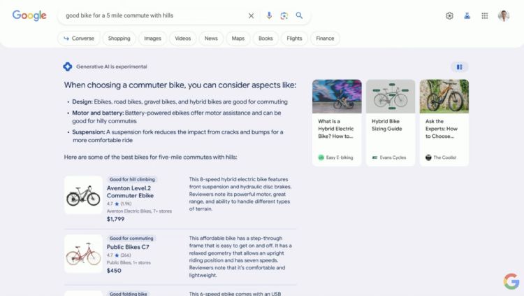 Google展示生成式AI查找的呈现结果。Google