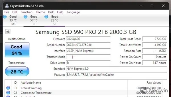 TLC旗舰990 Pro爆出寿命门 SSD健康度暴跌 三星终于回应