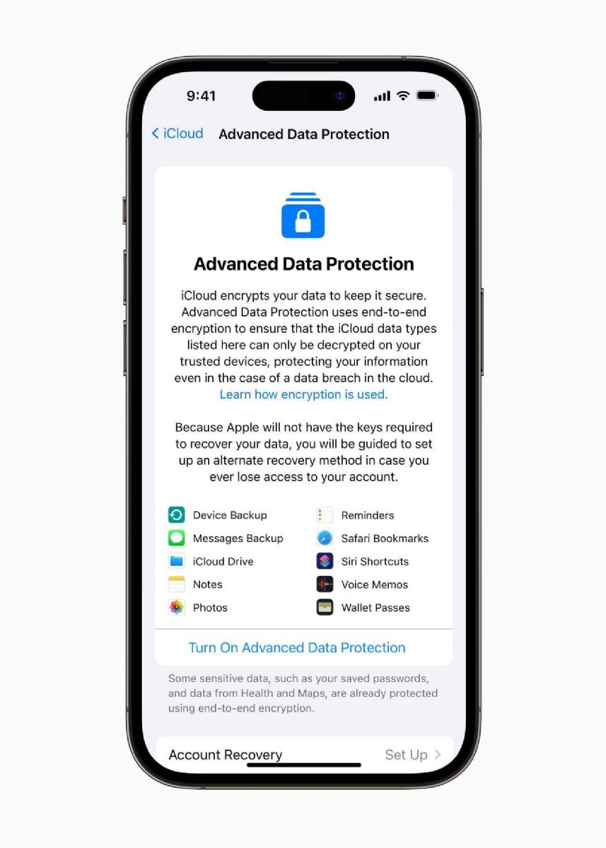 iCloud强化加密功能，更多数据类型适用点到点加密。苹果