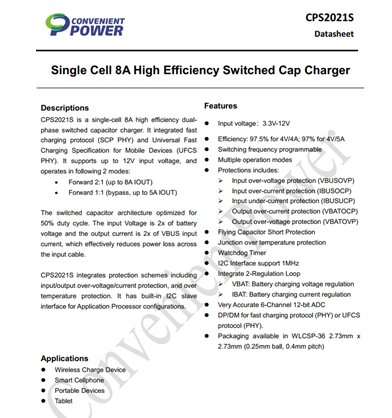 产品介绍丨高频，高效，高功率密度2:1 Charge Pump芯⽚CPS2021S-充电头网
