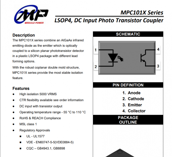 四川美阔推出LSOP4封装直流输入光晶体管耦合器-MPC101X系列