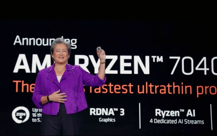 超微CEO苏姿丰展示全新Ryzen 7040系列移动处理器。AMD