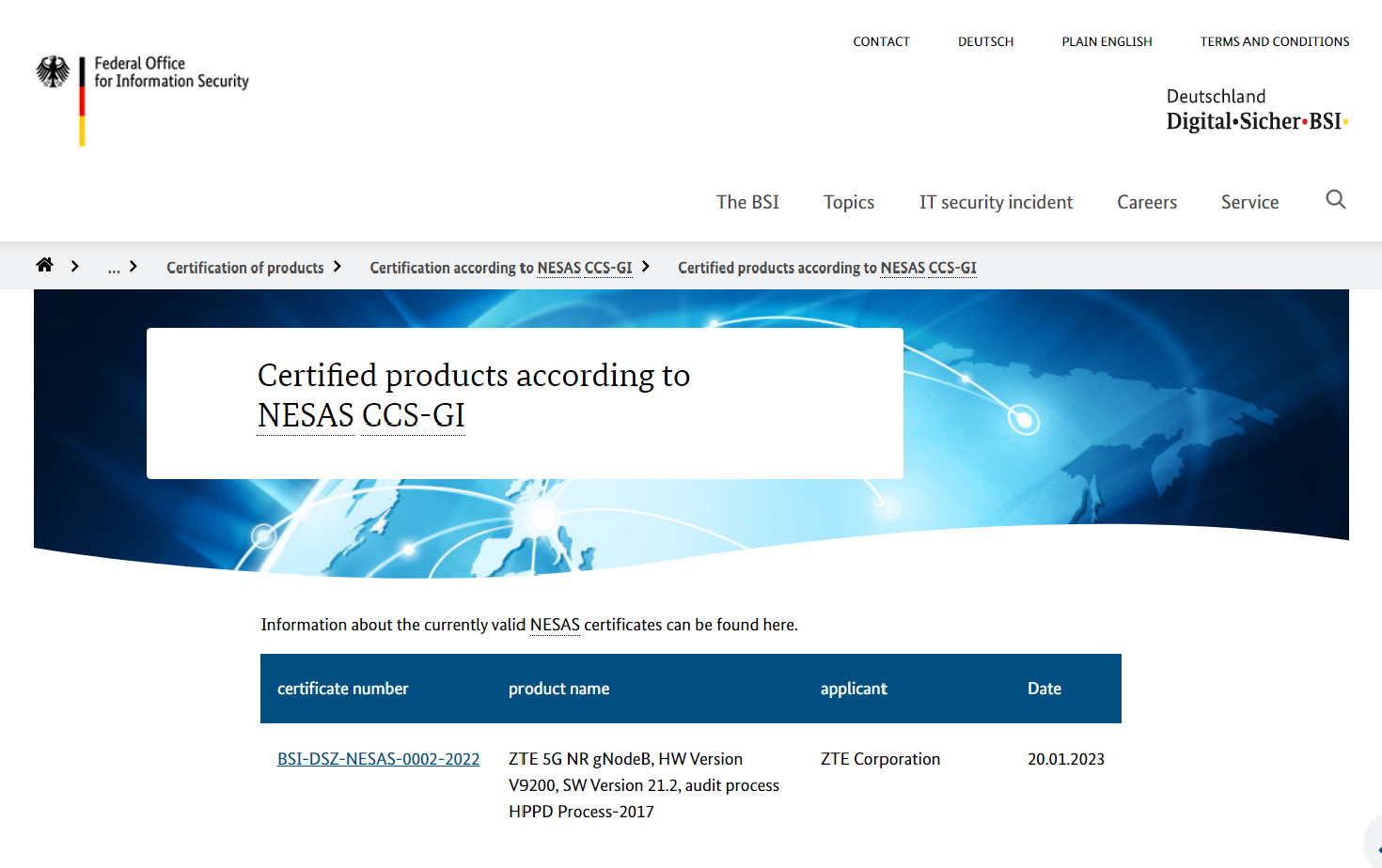 中兴通讯5G NR产品获得德国联邦信息安全办公室（BSI）安全认证证书