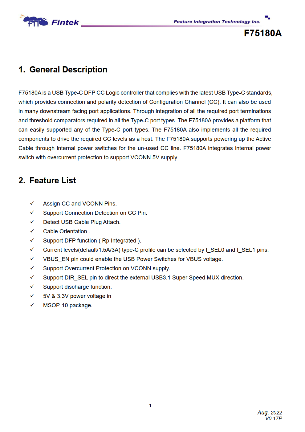 Fintek精拓发布F75180AType C 端口控制器CC logic协议芯片，满足DFP应用-充电头网