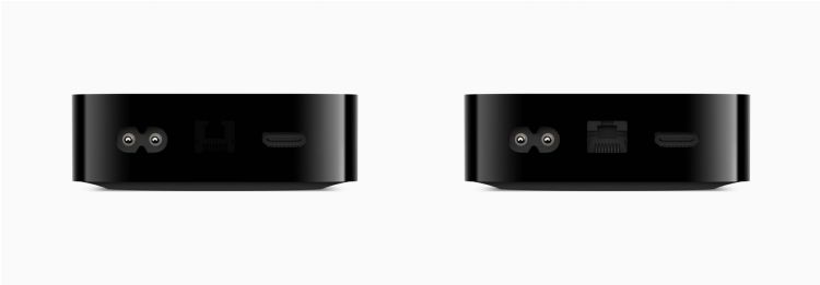 Apple TV 4K有2种选择，图左为Wi-Fi版，图右为Wi-Fi及以太网络版本。苹果