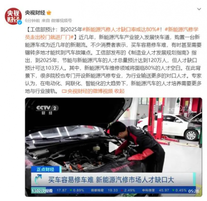 工信部预计到2025年新能源汽修人才缺口率或达80%