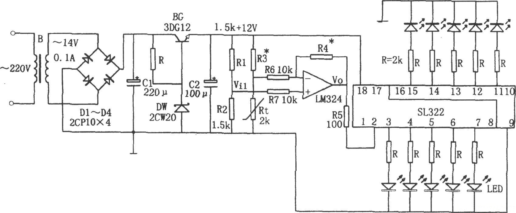 LM324、SL322构成的电冰箱温度显示器电路