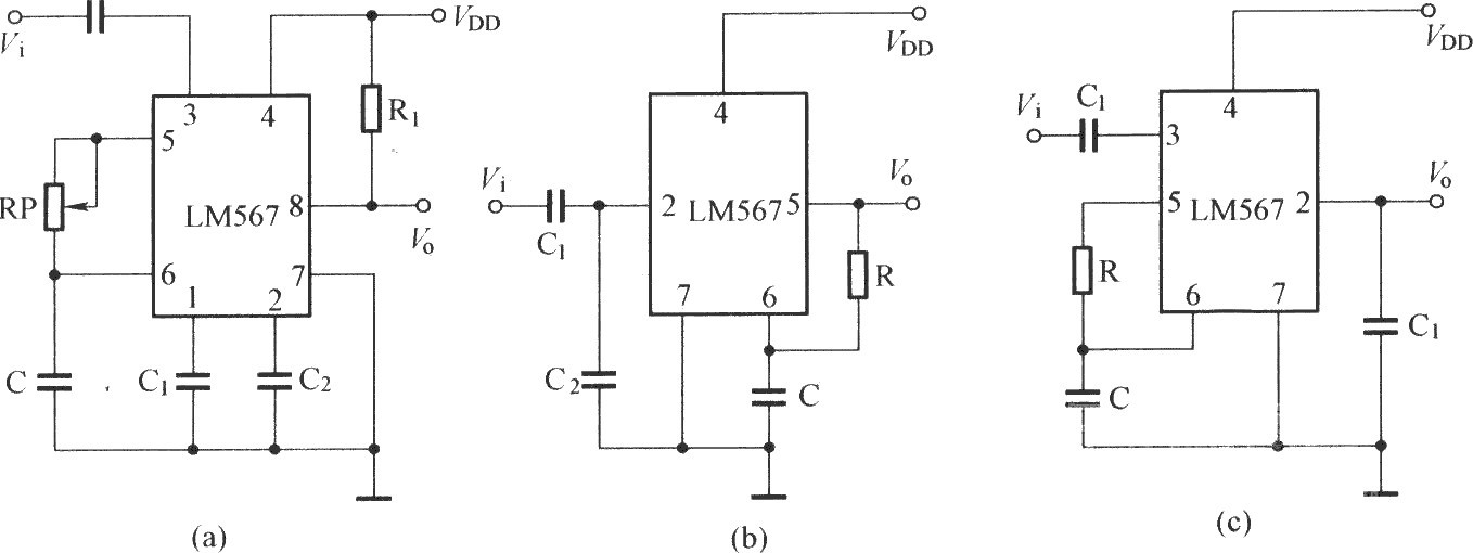 (a)LM567的选频应用电路 (b)LM567的调频应用电路 (c)LM567的解调应用电路