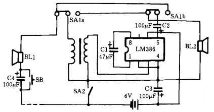 LM386双向呼叫有线对讲电话的电原理图