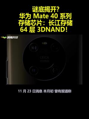 谜底揭开？华为Mate 40系列存储芯片：长江存储64层3DNAND！