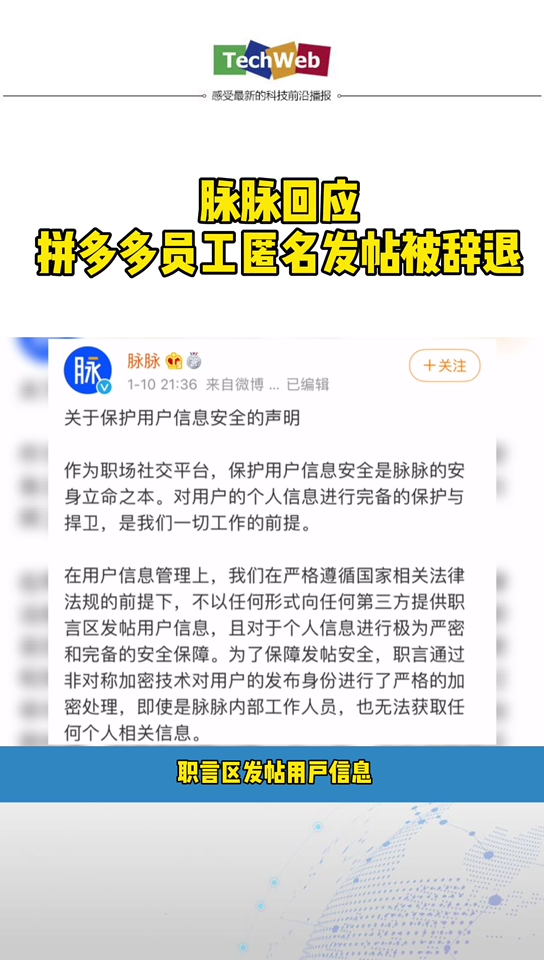 脉脉 回应拼多多辞退匿名发帖员工。