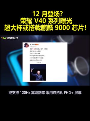 12月登场？荣耀V40系列曝光：超大杯或搭载麒麟9000芯片！
